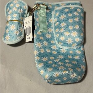 NWT Floral Blue Neoprene Drink Water Bottle Holder Carrier Crossbody with Strap